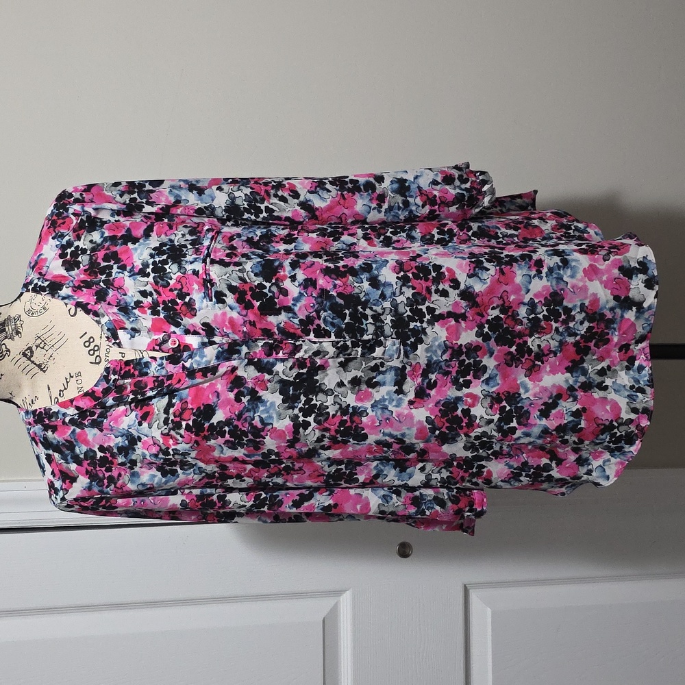 NYDJ Vibrant Floral Blouse Shirt Top 3/4 Sleeve Button Neck Size Large
